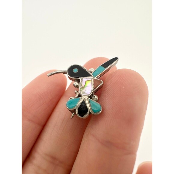 Native American sterling silver turquoise abalone hummingbird pendant pin - Picture 2 of 6